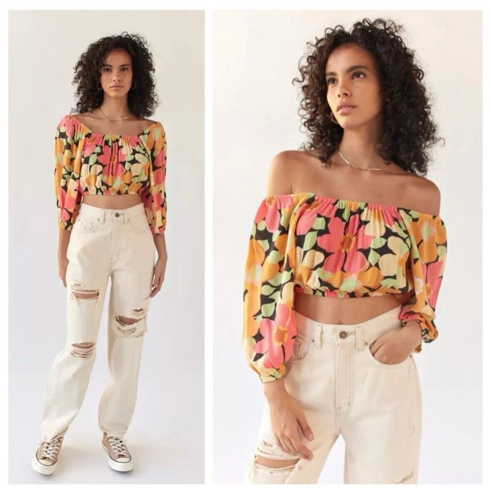 Billabong Sun City 2 Floral Crop Top Off Shoulder Balloon Sleeve Small skater